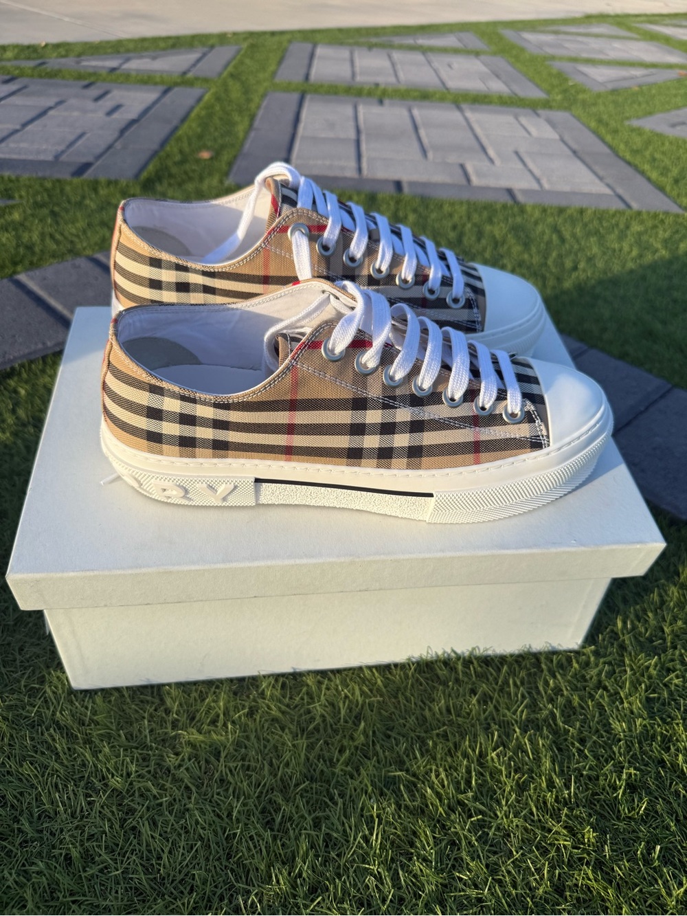 Burberry Beige Check Low-Top Sneakers with White Soles